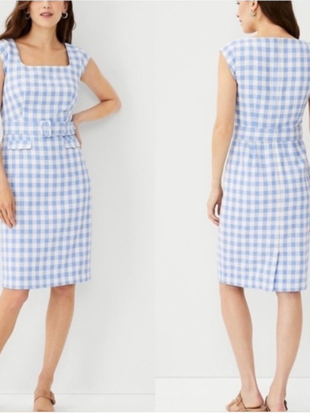 ANN TAYLOR Gingham Belted
Sheath Dress in Windswept Blue, Size 2P, Pencil Skirt